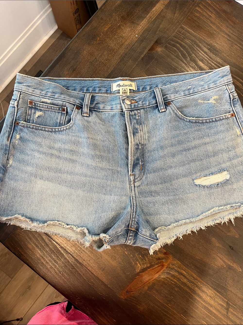Madewell Light Blue Distressed Denim button fly Jean Shorts